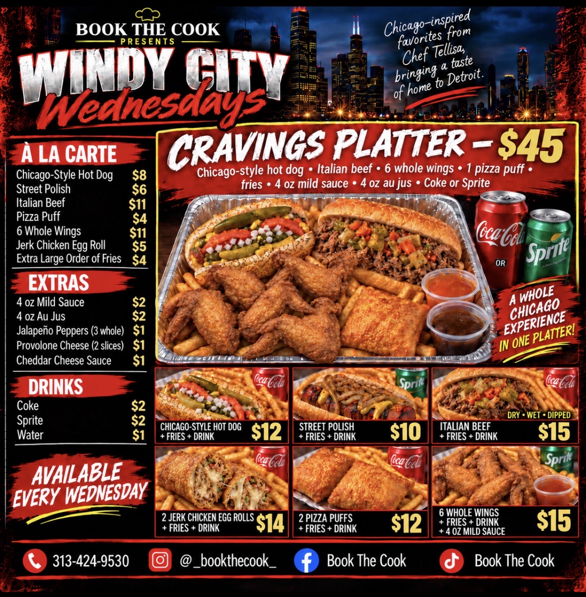 Windy City Wednesdays flyer: the $45 Cravings Platter plus hot dog, street polish, Italian beef, jerk chicken egg roll, pizza puff and wing combos, à la carte prices and extras